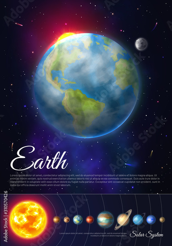 Earth planet colorful poster with solar system. Galaxy discovery and exploration. Realistic planetary system in deep space vector illustration. Astronomy and astrophysics science vertical flyer.