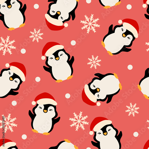 Seamless christmas new year pattern with funny penguins and snowflakes on red background