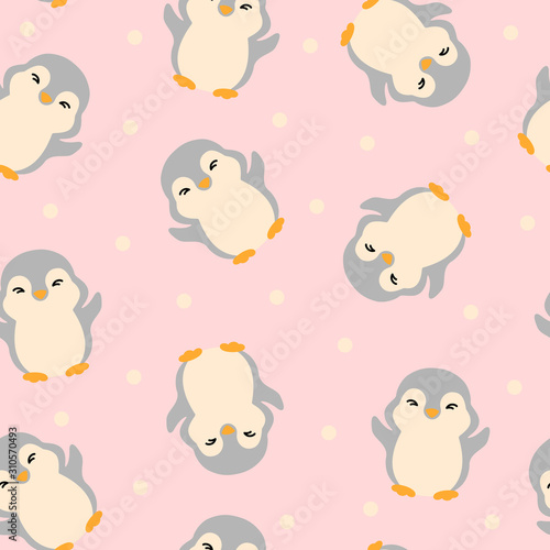 Seamless pattern with funny gray penguins on a pink background