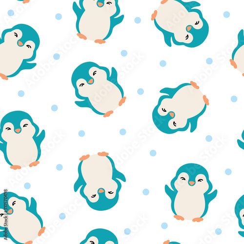 Seamless pattern with funny blue penguins on a white background
