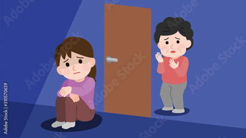 部屋　引きこもる　女性　心配する母親　イラスト
