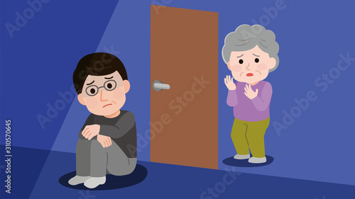 部屋　引きこもる　中年男性　心配する母親　イラスト