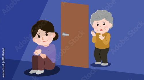 部屋　引きこもる　中年女性　心配する母親　イラスト