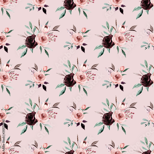 Seamless background, vintage floral texture, pattern with bouquets watercolor flowers. Repeat fabric wallpaper. Perfectly for wrapped paper, backdrop. 