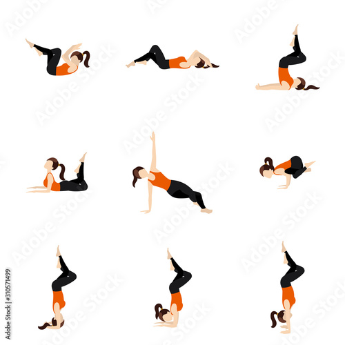 Yoga asanas set with eagle legs/ Illustration stylized woman practicing modifications with garudasana