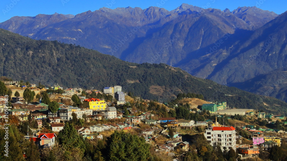 scenic landscape of tawang town, this town is situated on the foothills of himalaya in arunachal pradesh in india