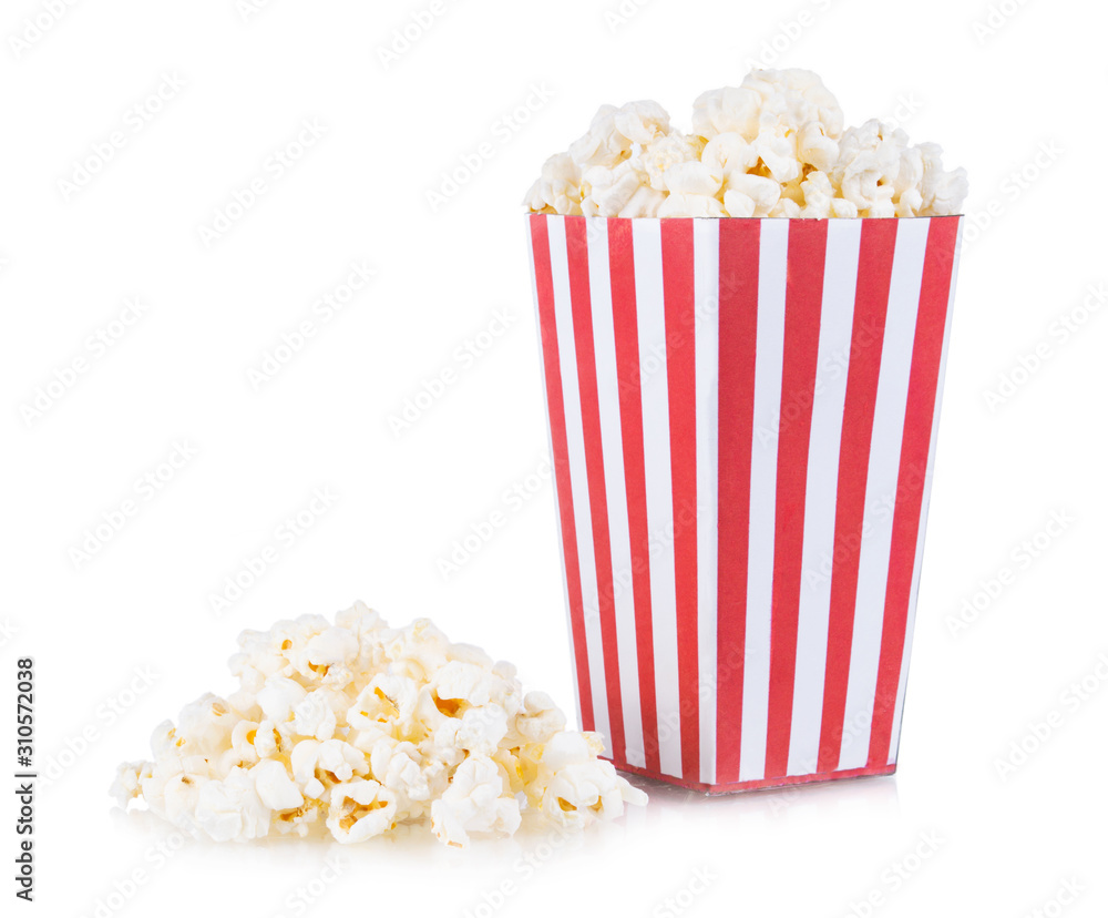 Popcorn in red and white cardboard box isolated on white background Popcorn in red and white cardboard box isolated on white background