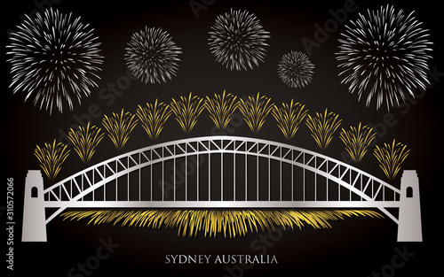 Elegant gold and silver Sydney fireworks card in vector format.