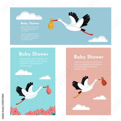 Baby shower invitation cards set with stork flying and carrying a bundle.