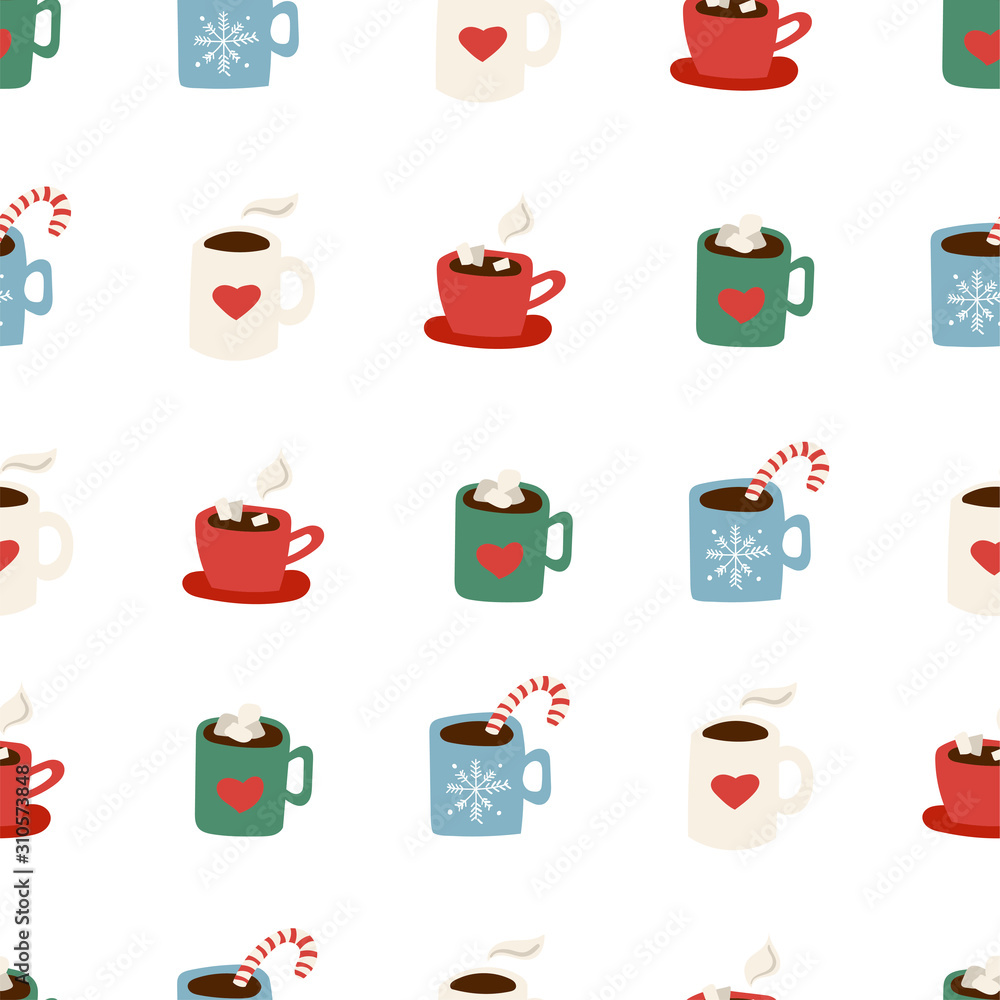 Simple winter pattern with candy cane and cocoa mugs Simple winter pattern with candy cane and cocoa mugs
