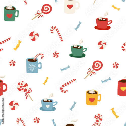 Simple winter pattern with candy cane and cocoa mugs