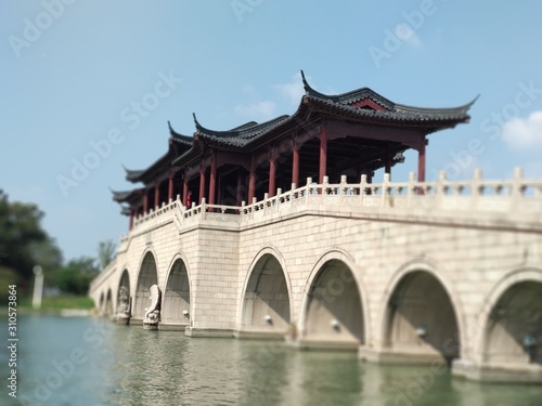 Asian architecture on an arched bridge