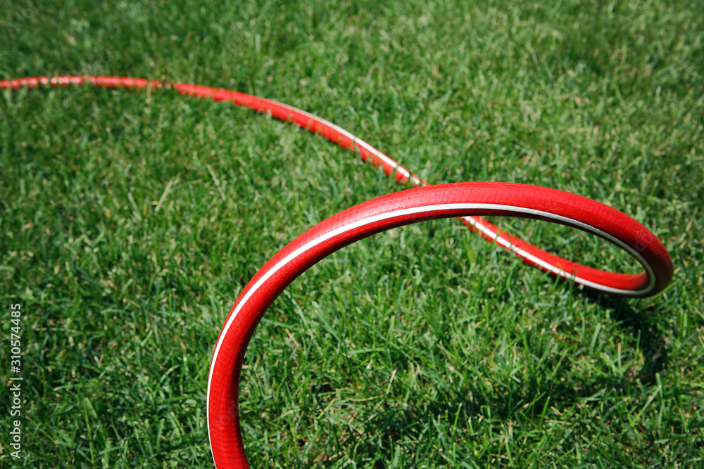 Looped red garden hose on green grass