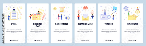 Mobile app onboarding screens. Calendar, poll list, business deal, agreement, tender, compromise. Menu vector banner template for website and mobile development. Web site design flat illustration