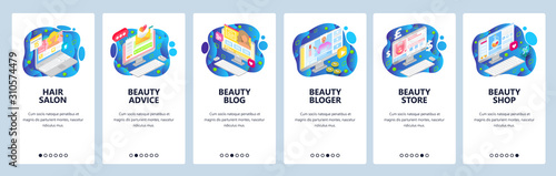 Mobile app onboarding screens. Beauty blog and cosmetic online store, haircut salon. Menu vector banner template for website and mobile development. Web site design flat illustration