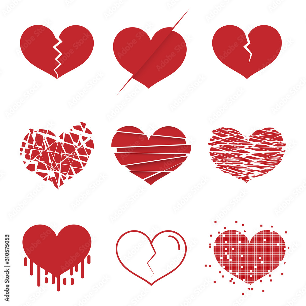 Set of red hearts. Broken heart icon flat design on white background. Vector illustration.