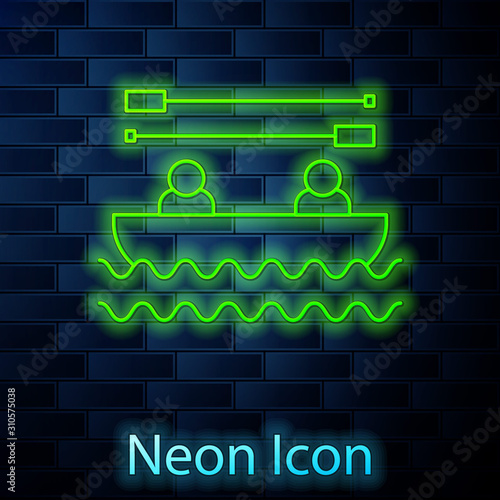 Glowing neon line Boat with oars and people icon isolated on brick wall background. Water sports, extreme sports, holiday, vacation, team building. Vector Illustration