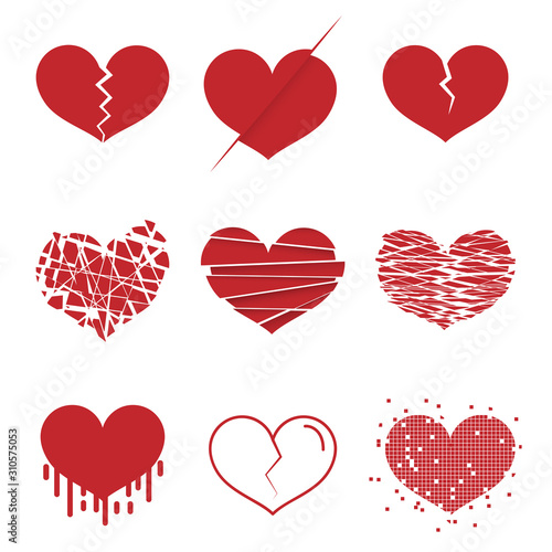 Set of red hearts. Broken heart icon flat design on white background. Vector illustration.