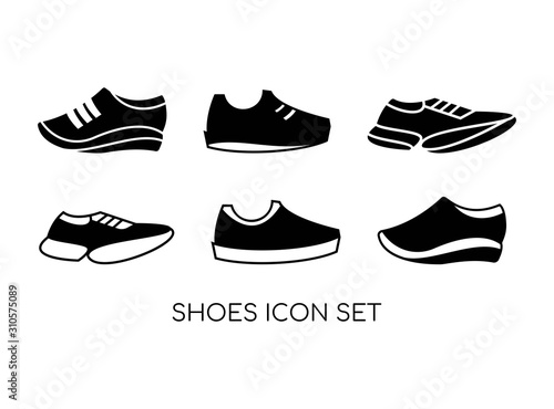 Set of Shoe Icon with Black Modern Concept Isolated on White Background. Consist of Six Shoe Icon Image. Suitable for Sport, Fashion Symbol and more. Vector Illustration