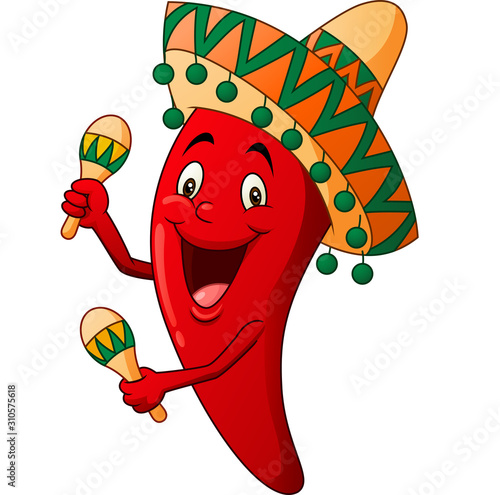 Happy chili cartoon playing maracas