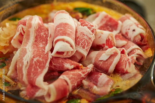 Pork in home made Chinese hot pot 