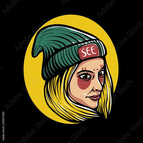 Girl wearing beanie hat illustration. Trendy blonde girl design for tshirt, Sticker, Flyer, Poster, or Banner
