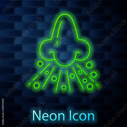 Glowing neon line Runny nose icon isolated on brick wall background. Rhinitis symptoms, treatment. Nose and sneezing. Nasal diseases. Vector Illustration