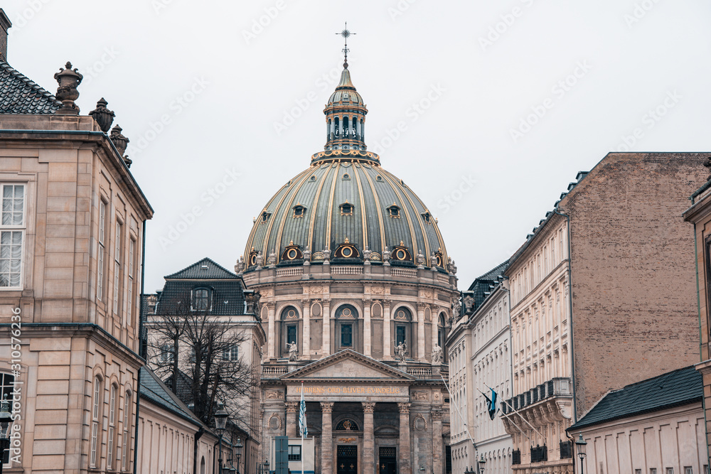 The dome of the Frederiks Kirke (Frederik's Church) in the downtown of Copenhagen, Denmark. 18th-century Lutheran church with the largest dome in Scandinavia & a Kierkegaard statue in grounds.