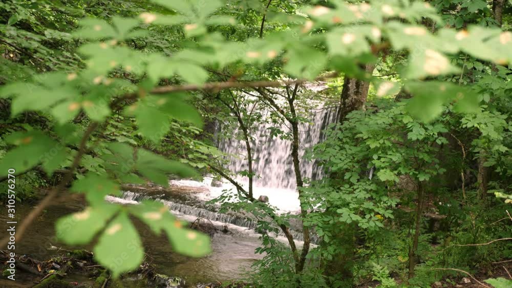 A small waterfall in the middle of a green forest. summer day . A small waterfall in the middle of a green forest. summer day .