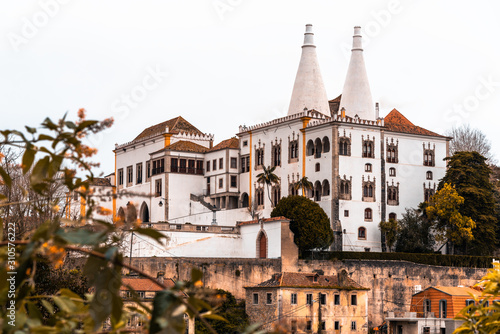 The National Palace of Sintra (palácio nacional da Sintra) in Sintra Lisbon/Portugal built in the middle ages. Famous tourist spot and place for travel. Ancient castle with huge chimneys from kitchen