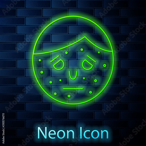 Glowing neon line Face with psoriasis or eczema icon isolated on brick wall background. Concept of human skin response to allergen or chronic body problem. Vector Illustration