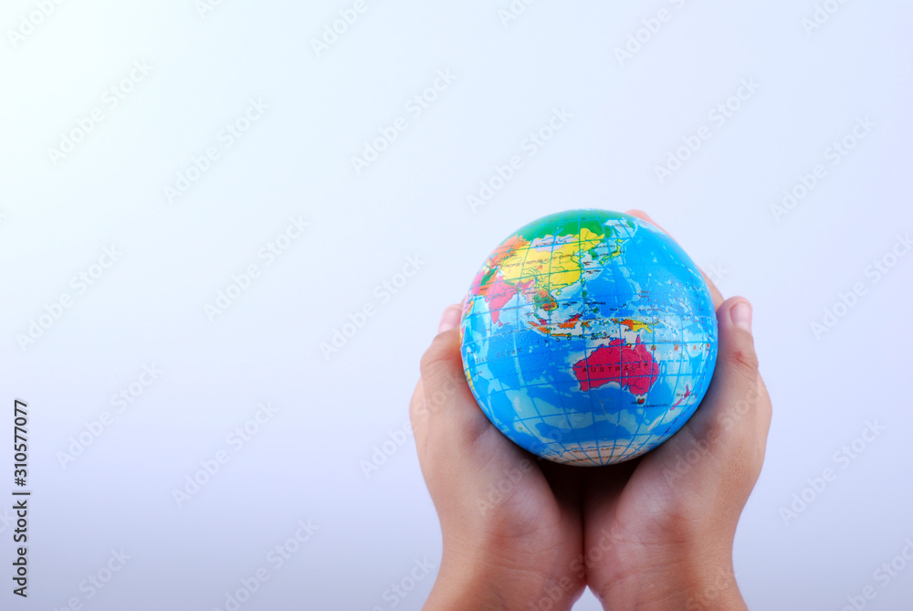 Hand holding earth globe on white background Hand holding earth globe on white background
