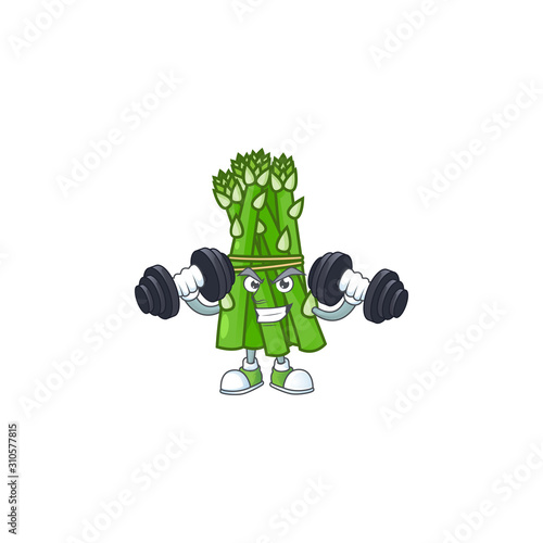 Fitness exercise asparagus mascot icon with barbells