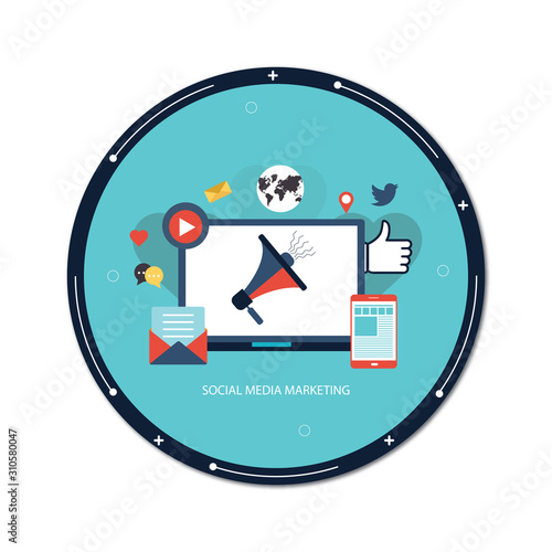 Social media strategy, social network business marketing vector banner with icons
