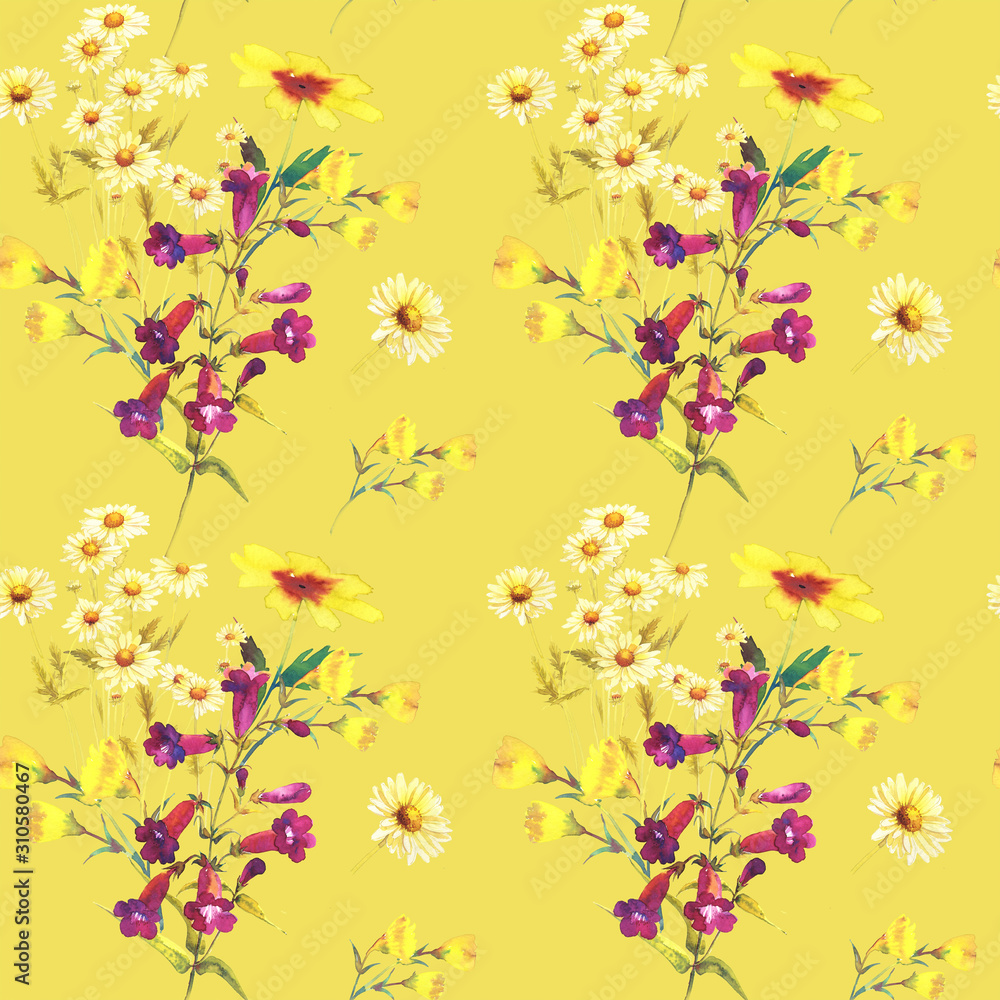 Garden chamomile, penstemon, rudbeckia, dandelion. A bouquet of white and crimson flowers on a yellow background. Seamless watercolor pattern for fashionable textile design, wallpaper, home decor.