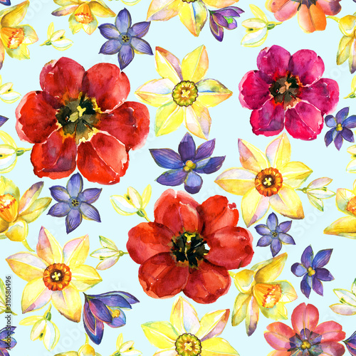 Spring floral seamless pattern with beautiful flowers tulips  narcissus crocus on blue background.International women day.Colorful botanical watercolor illustration for wallpaper Fabric Wrapping paper