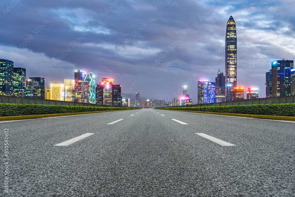 city road through modern buildings in shenzheng