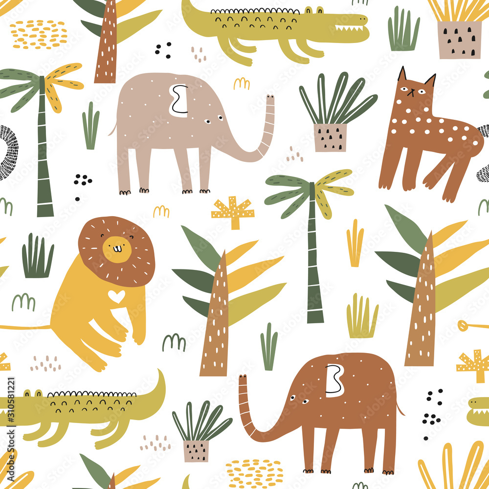 Safari animals seamless pattern with cute elephant, alligator, wild cat ...