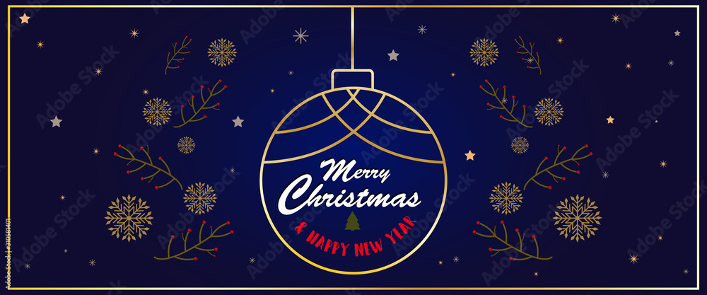 Naklejka premium Merry Christmas and Happy New Year banner design with Christmas ball and snowflakes on night sky background.