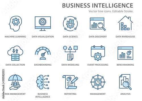 Business Intelligence icons set. Vector illustration. Editable stroke.