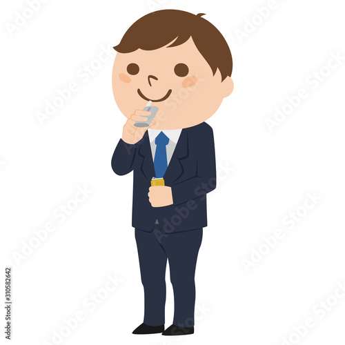 喫煙してる男性のイラスト。加熱式電子たばこを吸っている男性。
