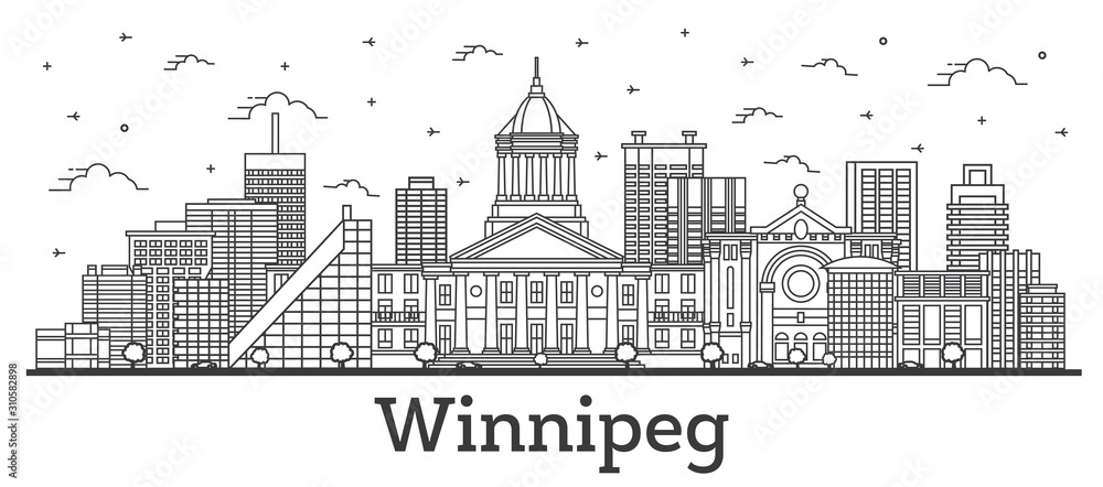 Outline Winnipeg Canada City Skyline with Modern Buildings Isolated on White. Vector Illustration. Winnipeg Cityscape with Landmarks. 