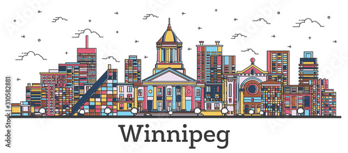 Outline Winnipeg Canada City Skyline with Color Buildings Isolated on White.