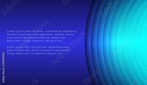 Horizontal abstract marine slide with place for text. Blue layered circles cut out of paper. Vector neon template for banner, card and your design.