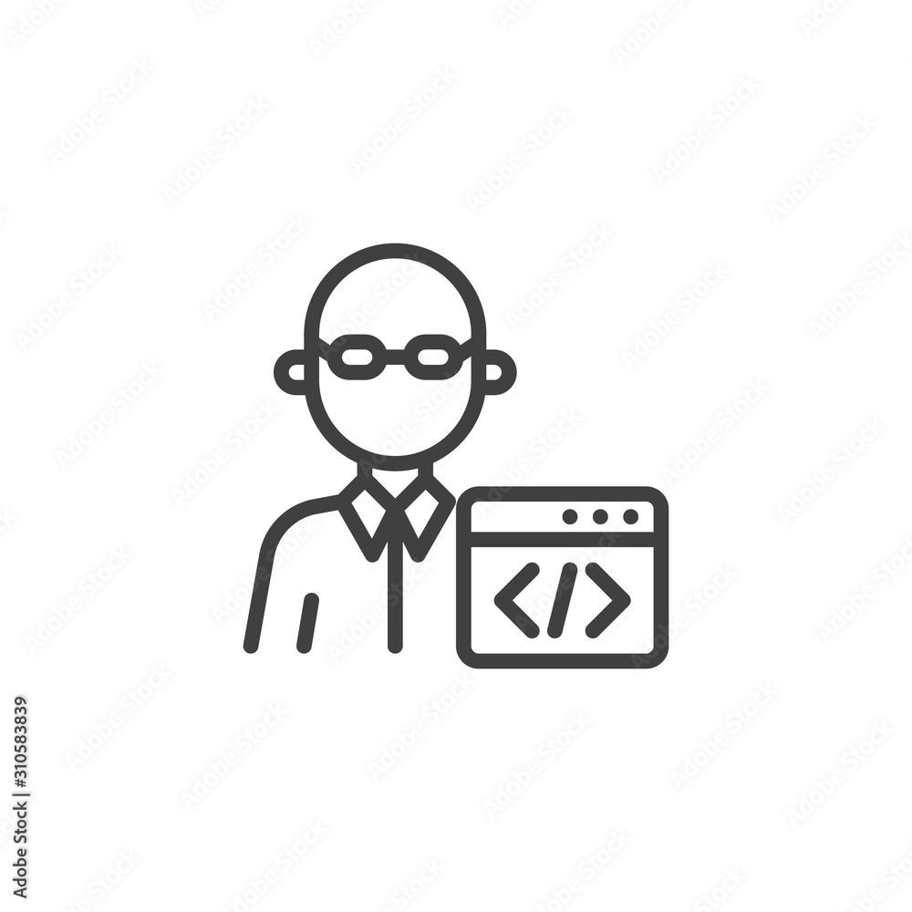 Website programmer web coding line icon. linear style sign for mobile concept and web design. Development programmer avatar outline vector icon. Symbol, logo illustration. Vector graphics Website programmer web coding line icon. linear style sign for mobile concept and web design. Development programmer avatar outline vector icon. Symbol, logo illustration. Vector graphics