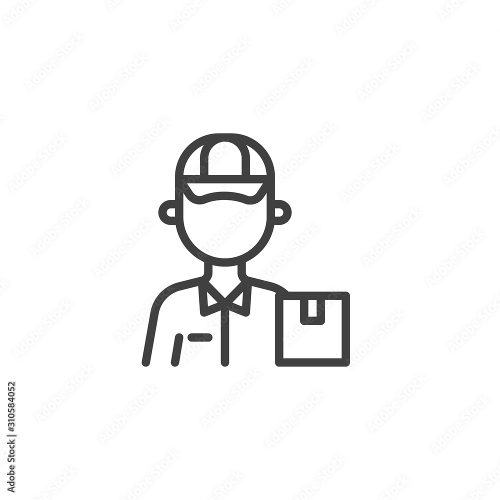 Delivery man worker line icon. linear style sign for mobile concept and web design. Courier delivery box outline vector icon. Symbol, logo illustration. Vector graphics Delivery man worker line icon. linear style sign for mobile concept and web design. Courier delivery box outline vector icon. Symbol, logo illustration. Vector graphics