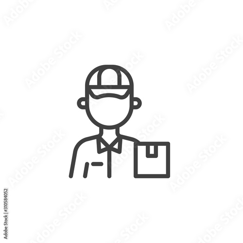 Delivery man worker line icon. linear style sign for mobile concept and web design. Courier delivery box outline vector icon. Symbol, logo illustration. Vector graphics