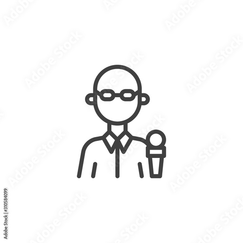 Reporter and microphone line icon. Journalism profession linear style sign for mobile concept and web design. Newsman with microphone outline vector icon. Symbol, logo illustration. Vector graphics © alekseyvanin