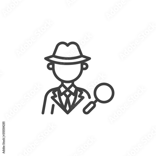 Private detective with Magnifying glass line icon. linear style sign for mobile concept and web design. Mysterious man avatar with magnifier outline vector icon. Symbol, logo illustration.