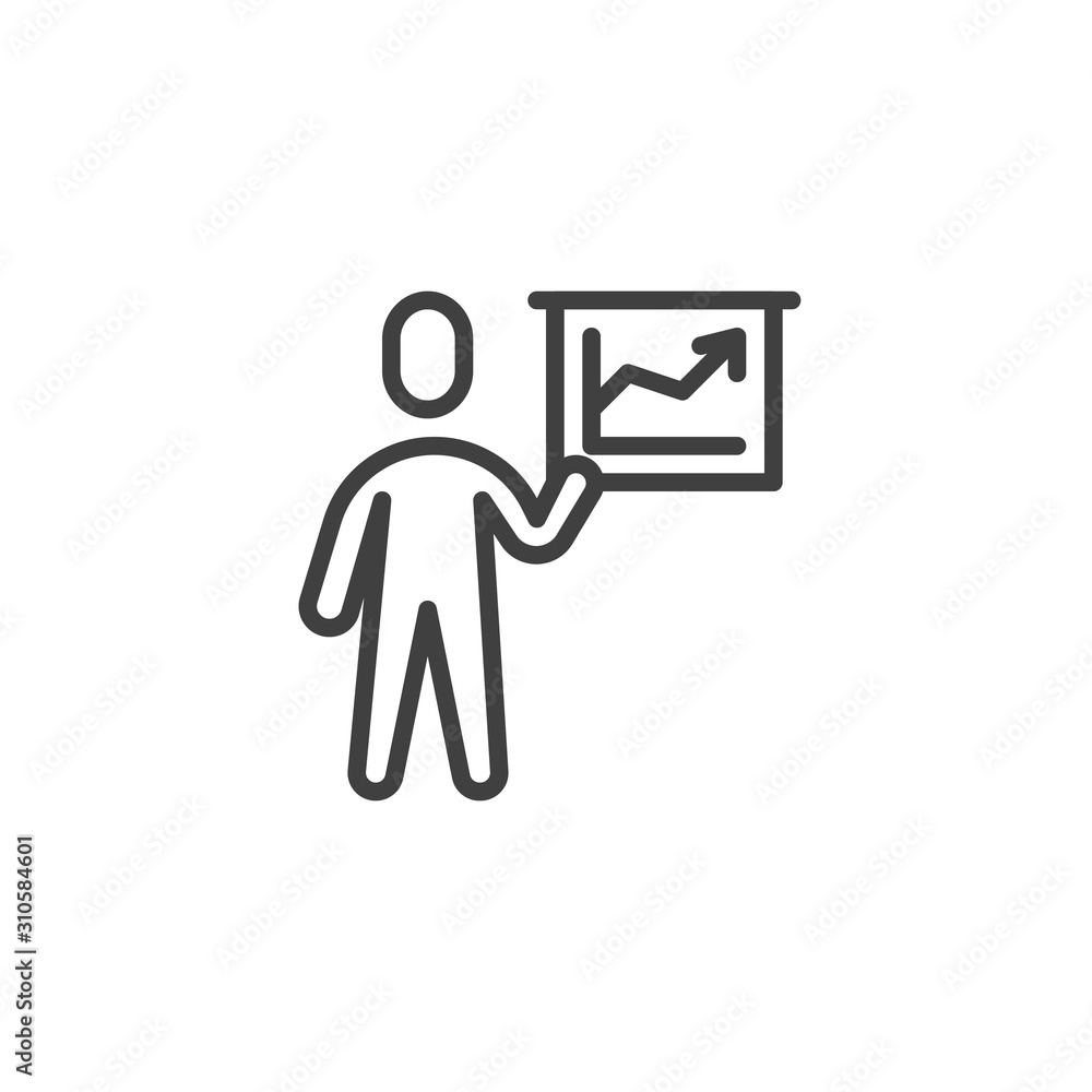 Sales manager presentation line icon. linear style sign for mobile concept and web design. Man with presentation screen graph outline vector icon. Symbol, logo illustration. Vector graphics Sales manager presentation line icon. linear style sign for mobile concept and web design. Man with presentation screen graph outline vector icon. Symbol, logo illustration. Vector graphics